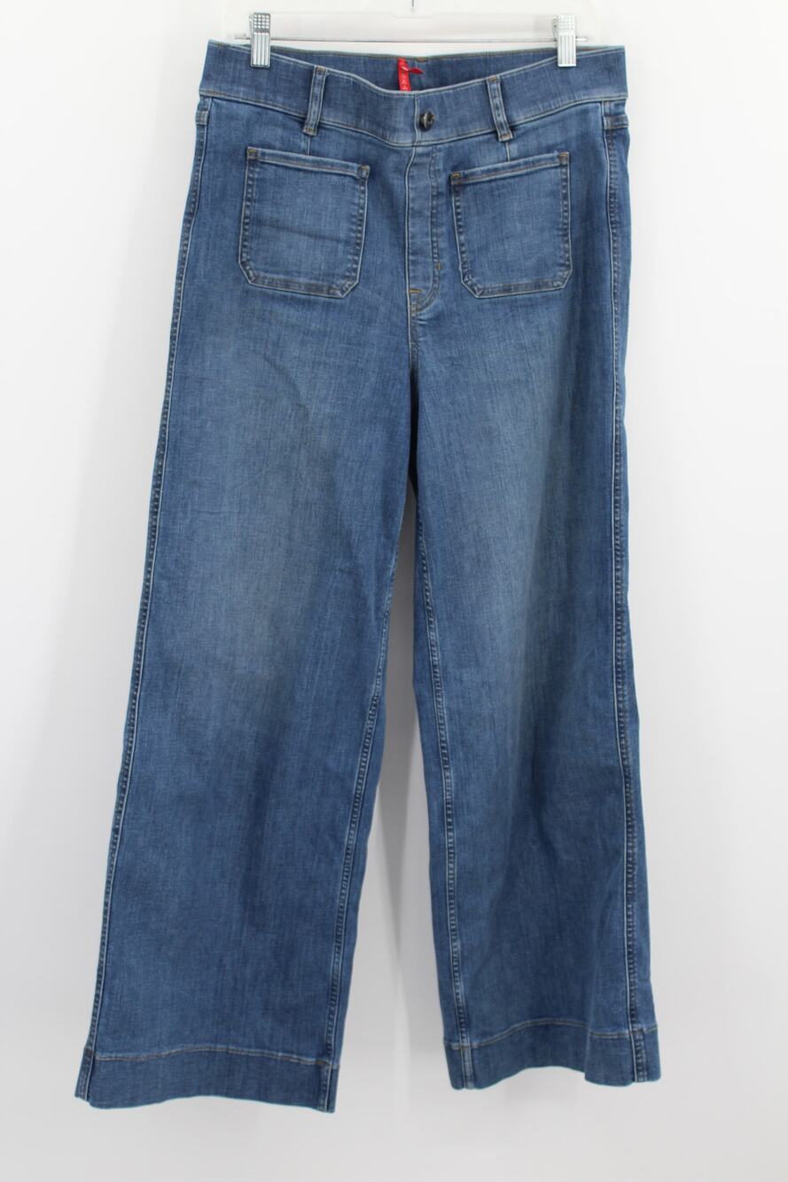 Spanx 20621T Wide Leg Denim Jeans Large Tall Blue Stretch Patch Pockets